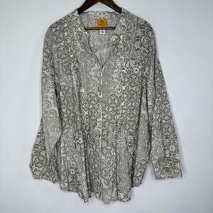 Ruby Rd Woman Blouse Womens 3X Beige Paisley Button Pintuck Long Sleeve Boho